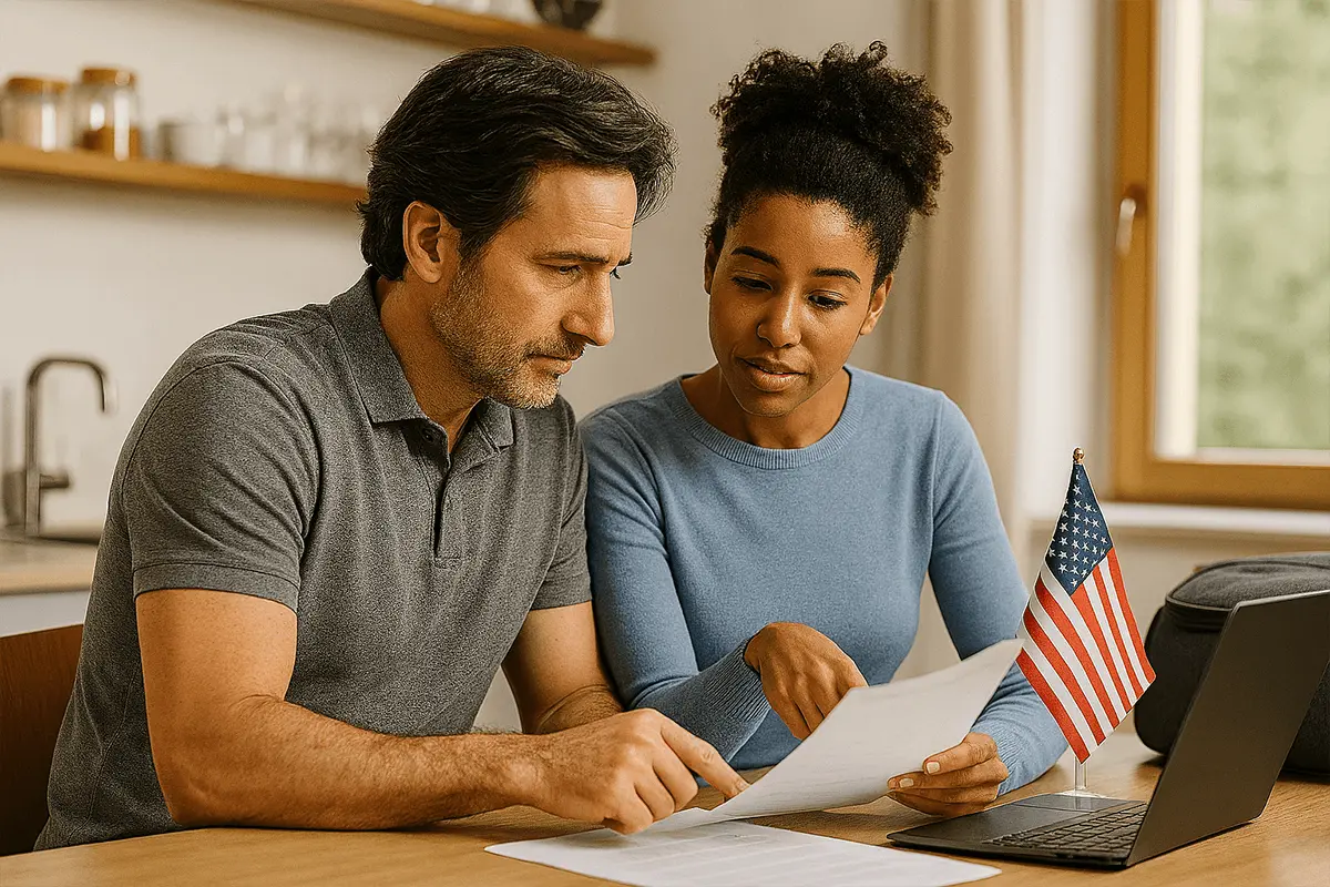 Interracial couple reviewing immigration paperwork together at home