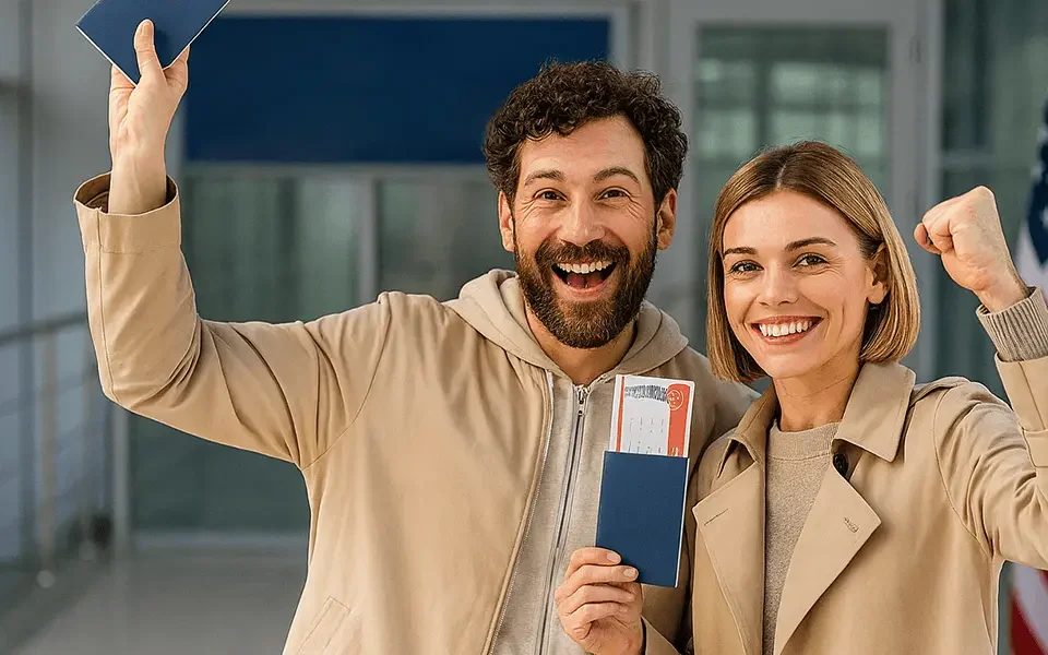 Smiling couple celebrating K-1 fiancé visa approval with U.S. flag in the background