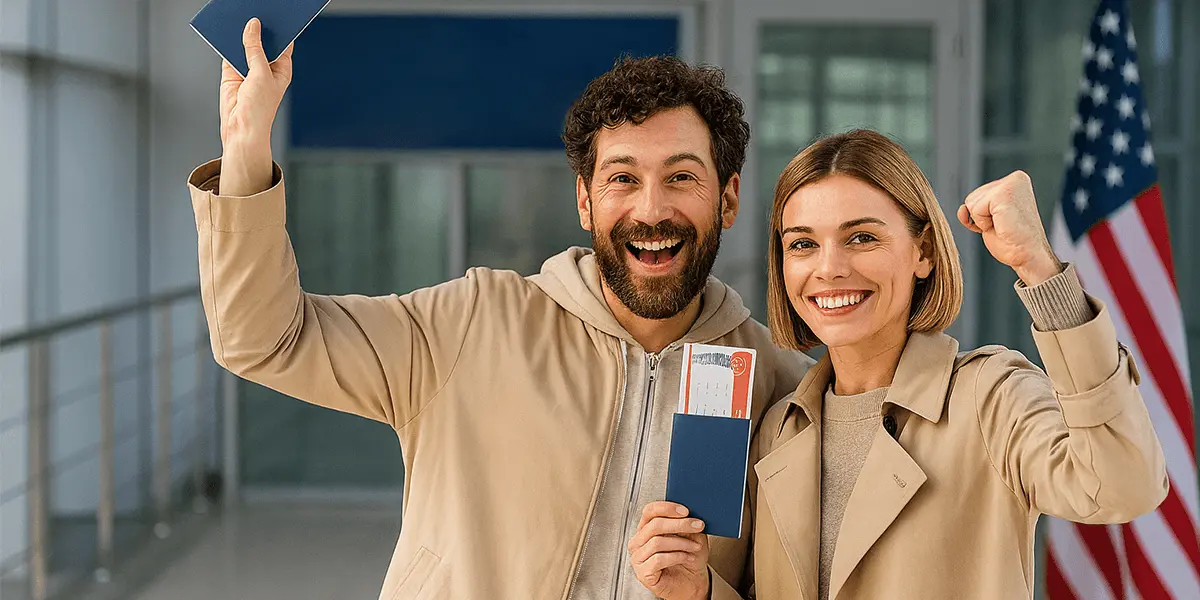 Smiling couple celebrating K-1 fiancé visa approval with U.S. flag in the background