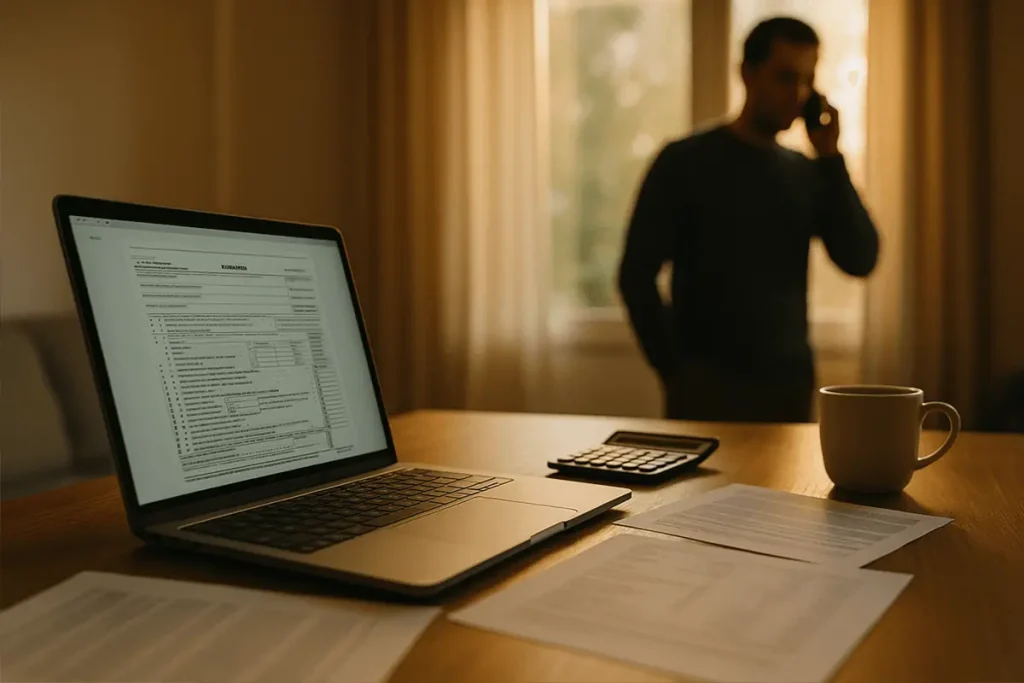 Woman sitting at a home office desk in the evening, holding her head in frustration while surrounded by financial documents, a laptop, and a calculator.